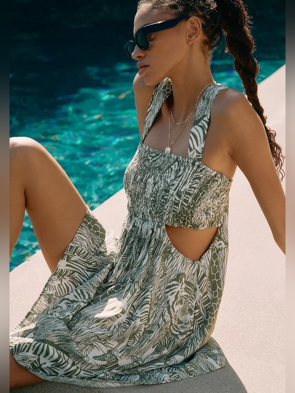 Anthropologie Piper Square-neck Smocked Cut-out Mini Dress in Moss Safari Print - Picture 3 of 8